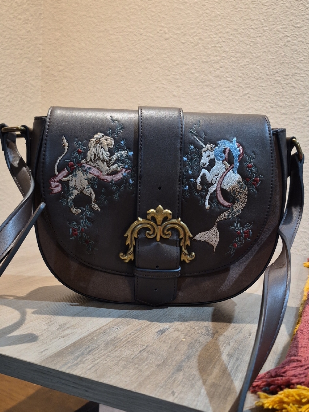 Disturbia Embroidered Lion & Mermaid Crossbody Bag in Dark Brown